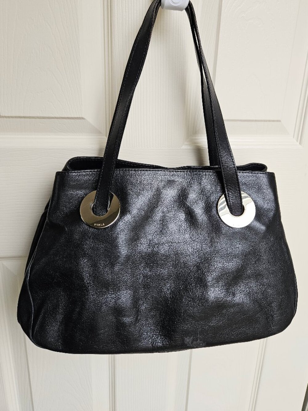 Furla Black Metallic Sheen Leather Ring Hobo Tote Bag Italy F4705